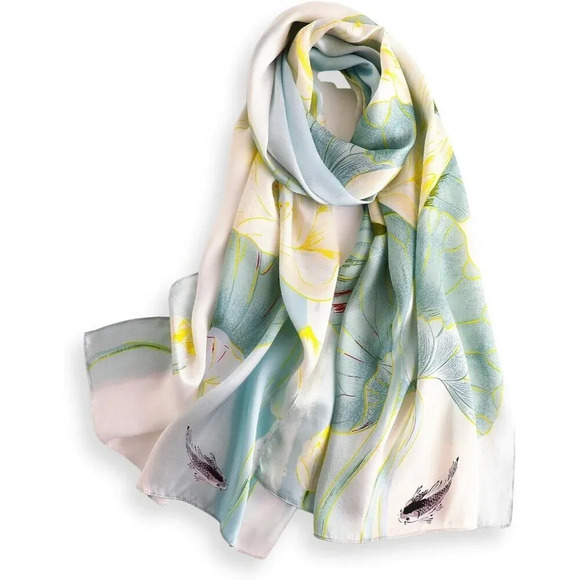 Women's Silk Green Lotus Leaves Long Scarf Shawl for Head Neck and Hair Wrap - Picture 5 of 10